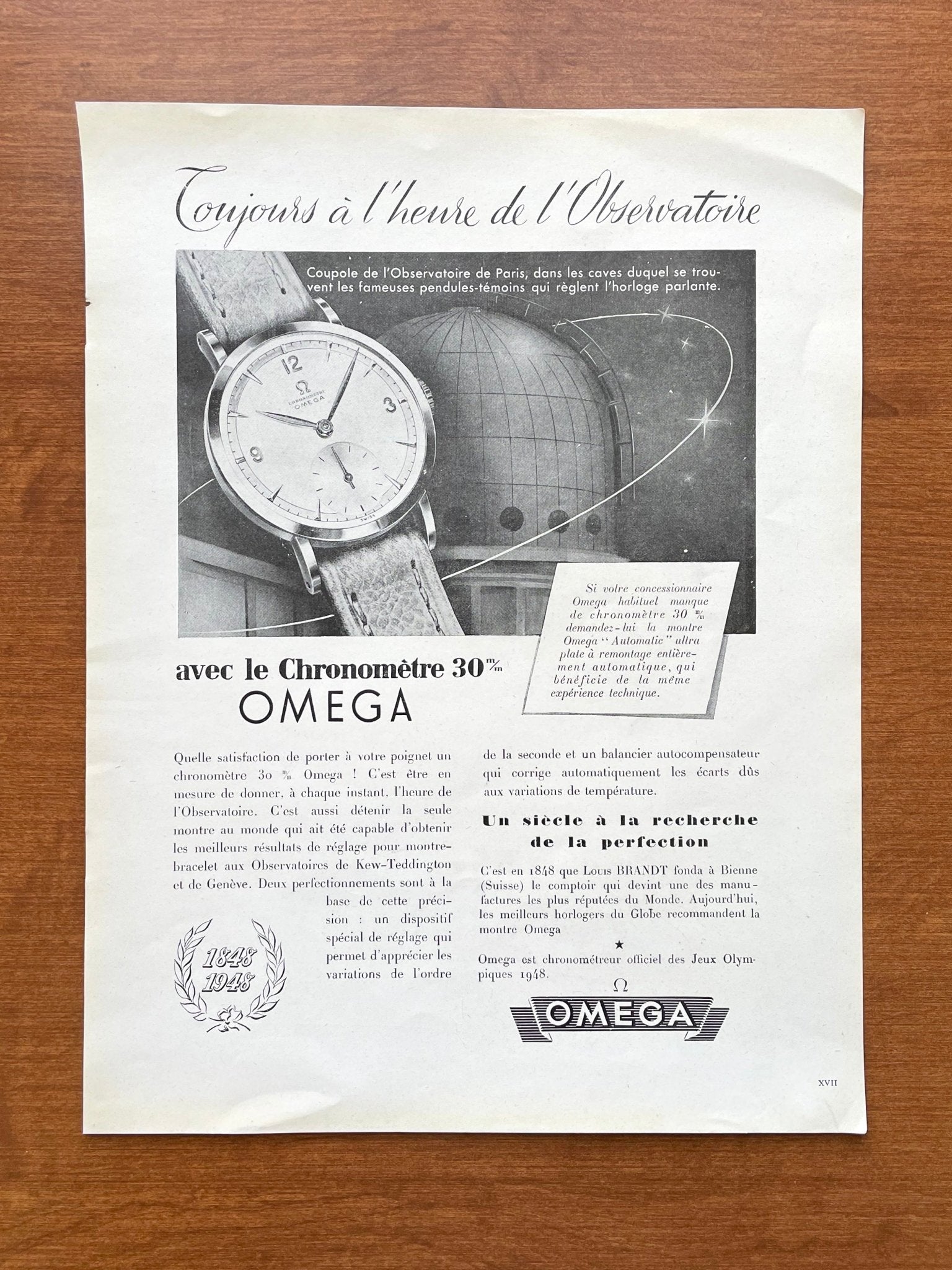 1948 Omega "l'Observatoire de Paris" Advertisement