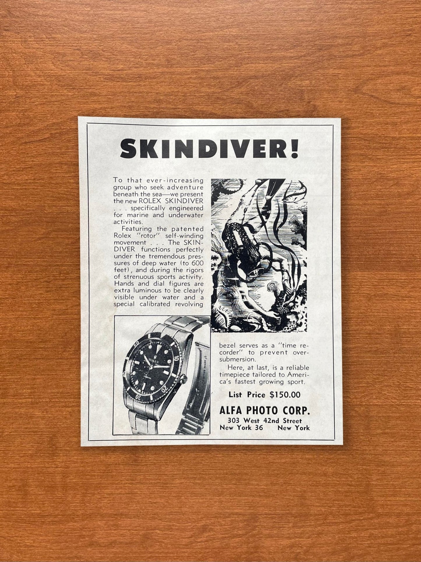 1955 Rolex Submariner Ref. 6204 "SKINDIVER!" Advertisement