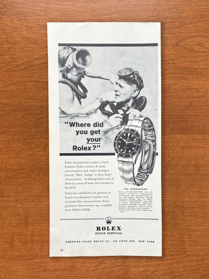 1960 Rolex Submariner Ref. 6204 "Where did you get your Rolex?" Advertisement