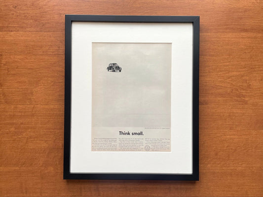 1960 Volkswagen VW Beetle / Bug "Think small." Advertisement in Black Wood Frame