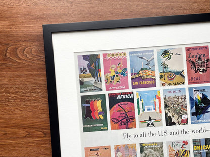 1961 Boeing Jetliners with 22 Vintage Travel Posters Advertisement in Black Wood Frame