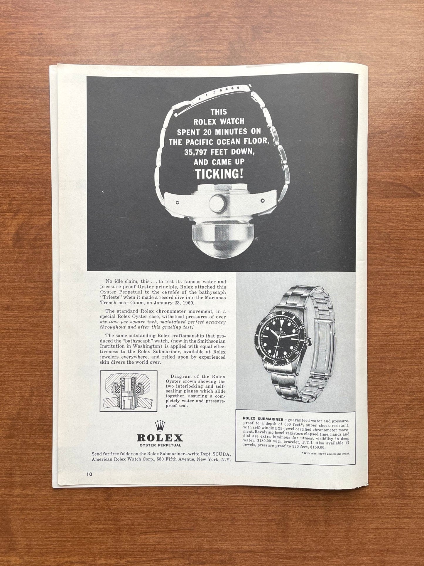 1961 Rolex Submariner Ref. 6204 "On the Pacific Ocean Floor..." Advertisement