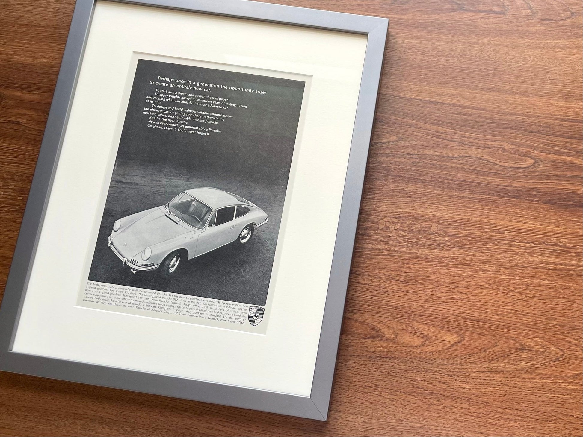 1965 Porsche 911 "once in a generation..." Advertisement in Gunmetal Wood Frame