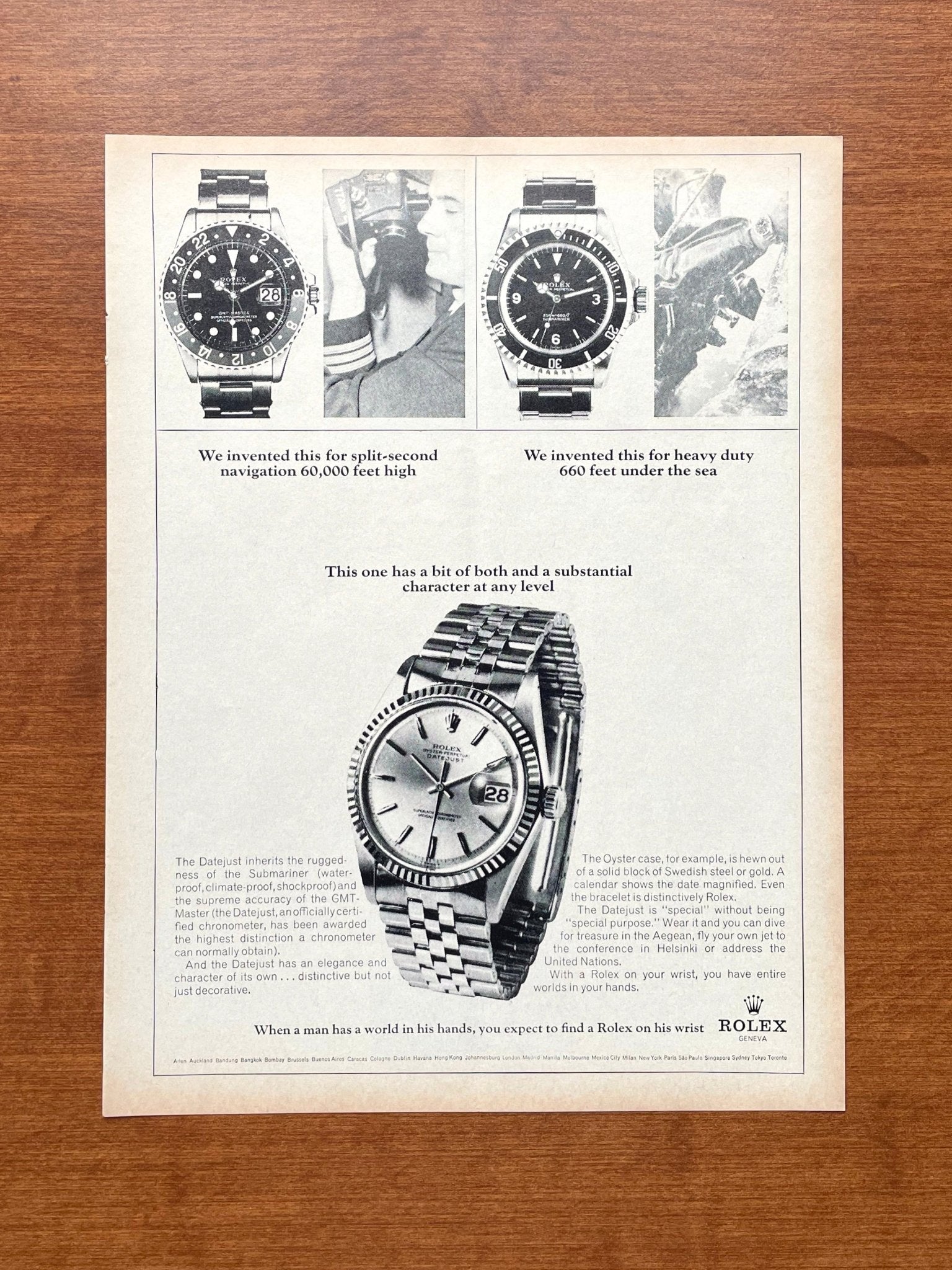 1966 Rolex Ad w GMT Master Submariner and Datejust Advertisement Ad Patina