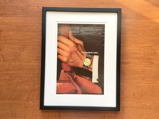 1966 Rolex Day Date Ref. 1803 "The presidents' watch." Advertisement in Black Wood Frame