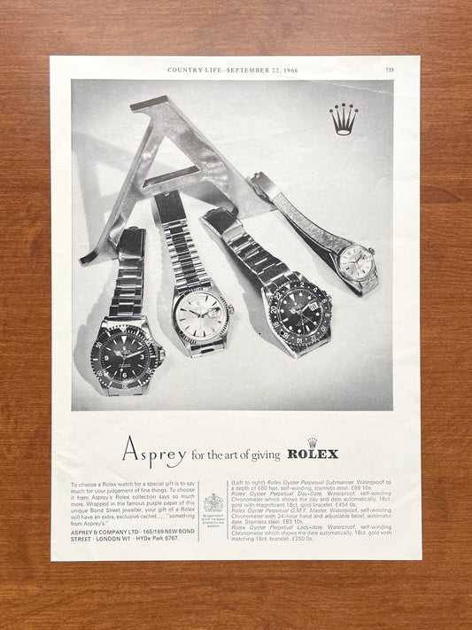 1966 Rolex GMT, Submariner, Day Date at Asprey "art of giving" Advertisement