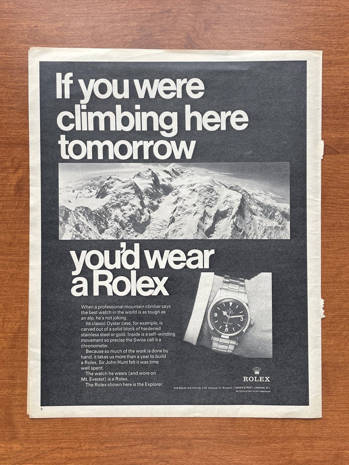 1968 Rolex Explorer Ref. 1016 "If you were climbing..." Advertisement