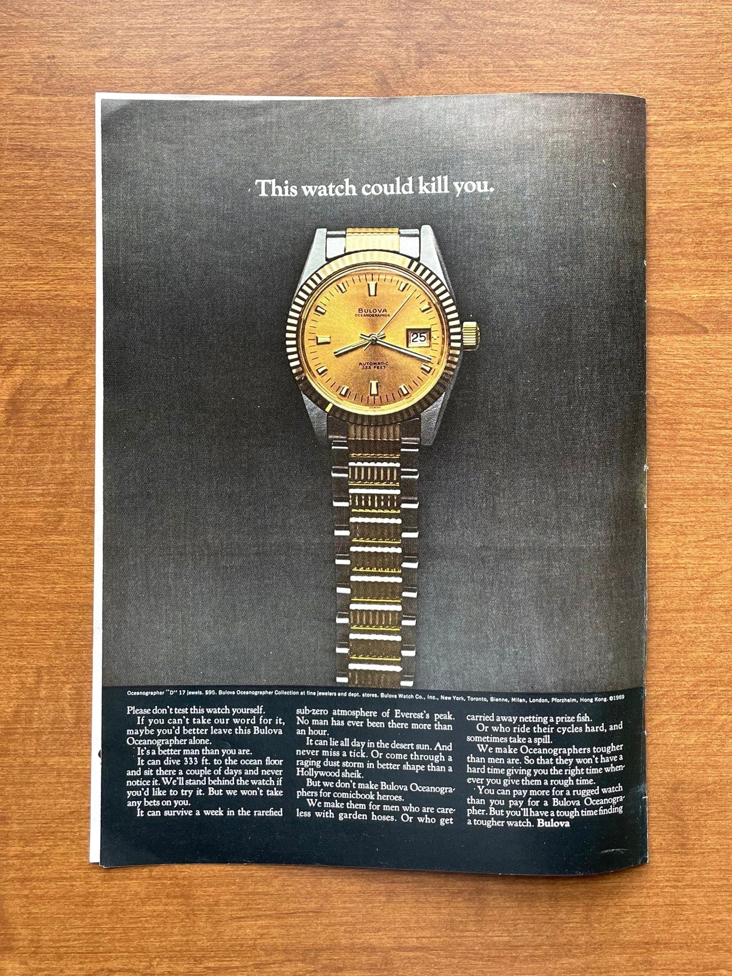 1969 Bulova Oceanographer "This watch could kill you" Advertisement