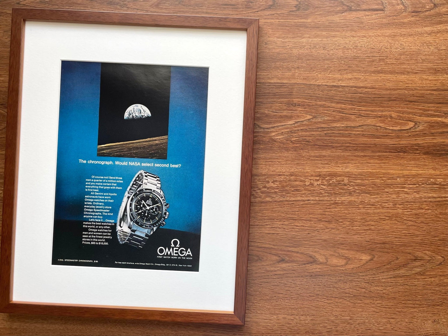 1970 Omega Speedmaster "NASA select second best?" Advertisement in Walnut Wood Frame