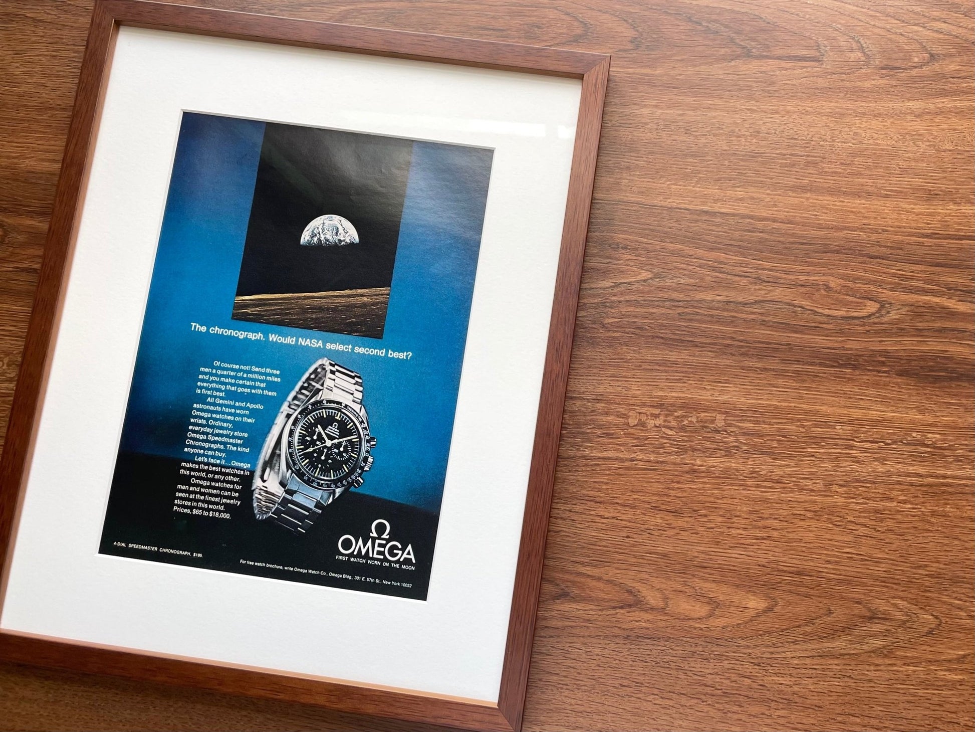 1970 Omega Speedmaster "NASA select second best?" Advertisement in Walnut Wood Frame