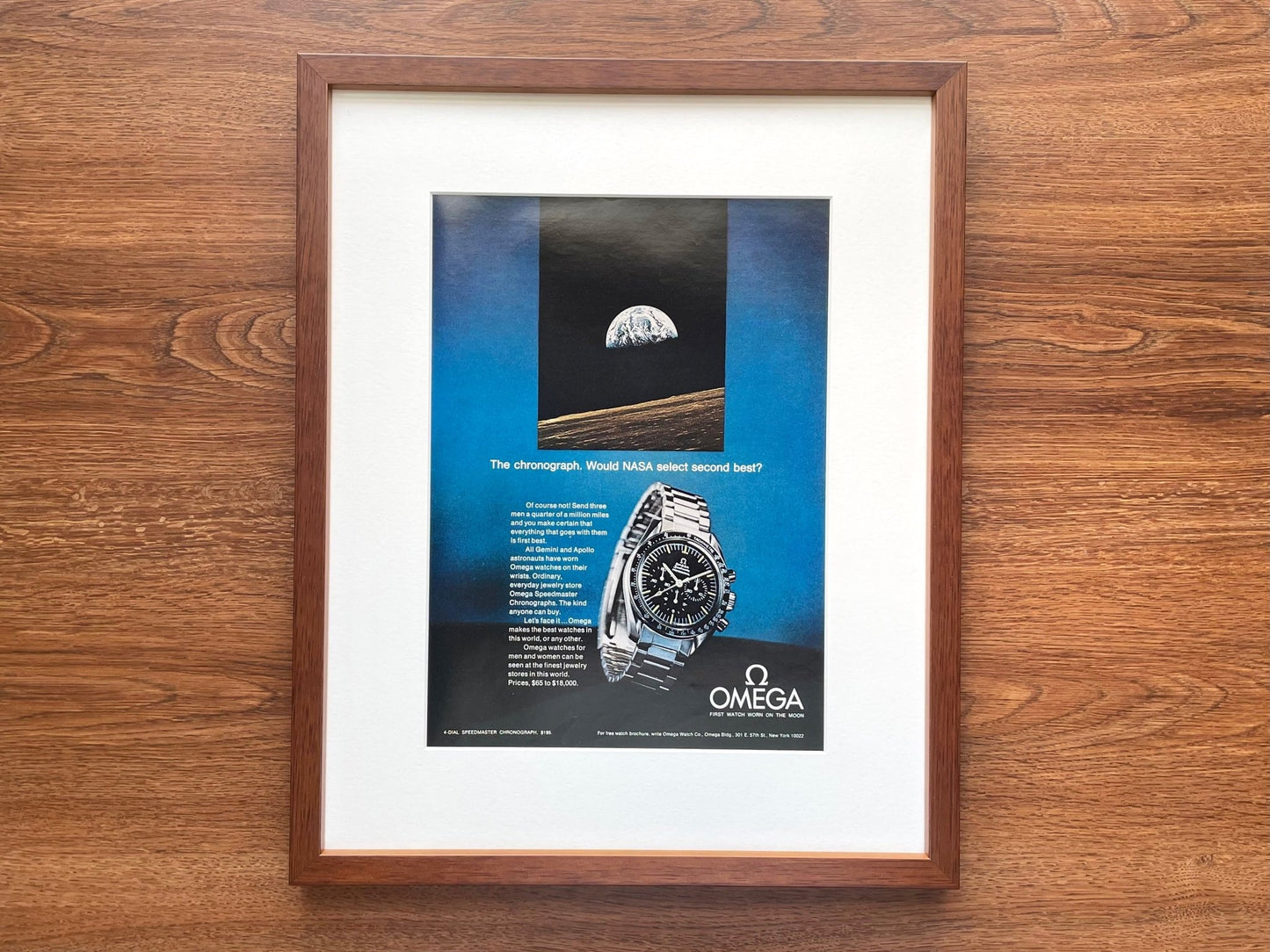 1970 Omega Speedmaster "NASA select second best?" Advertisement in Walnut Wood Frame