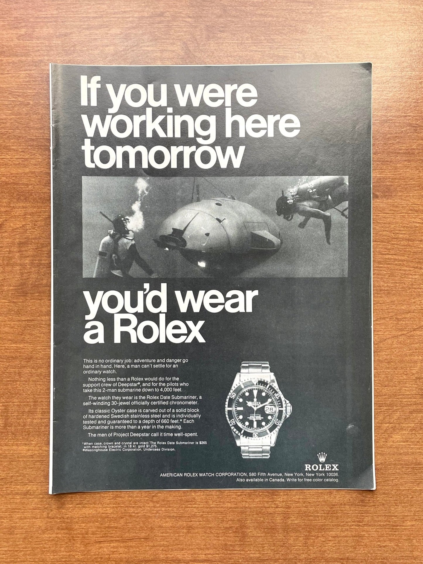 1970 Rolex Submariner "If you were working here..." Advertisement