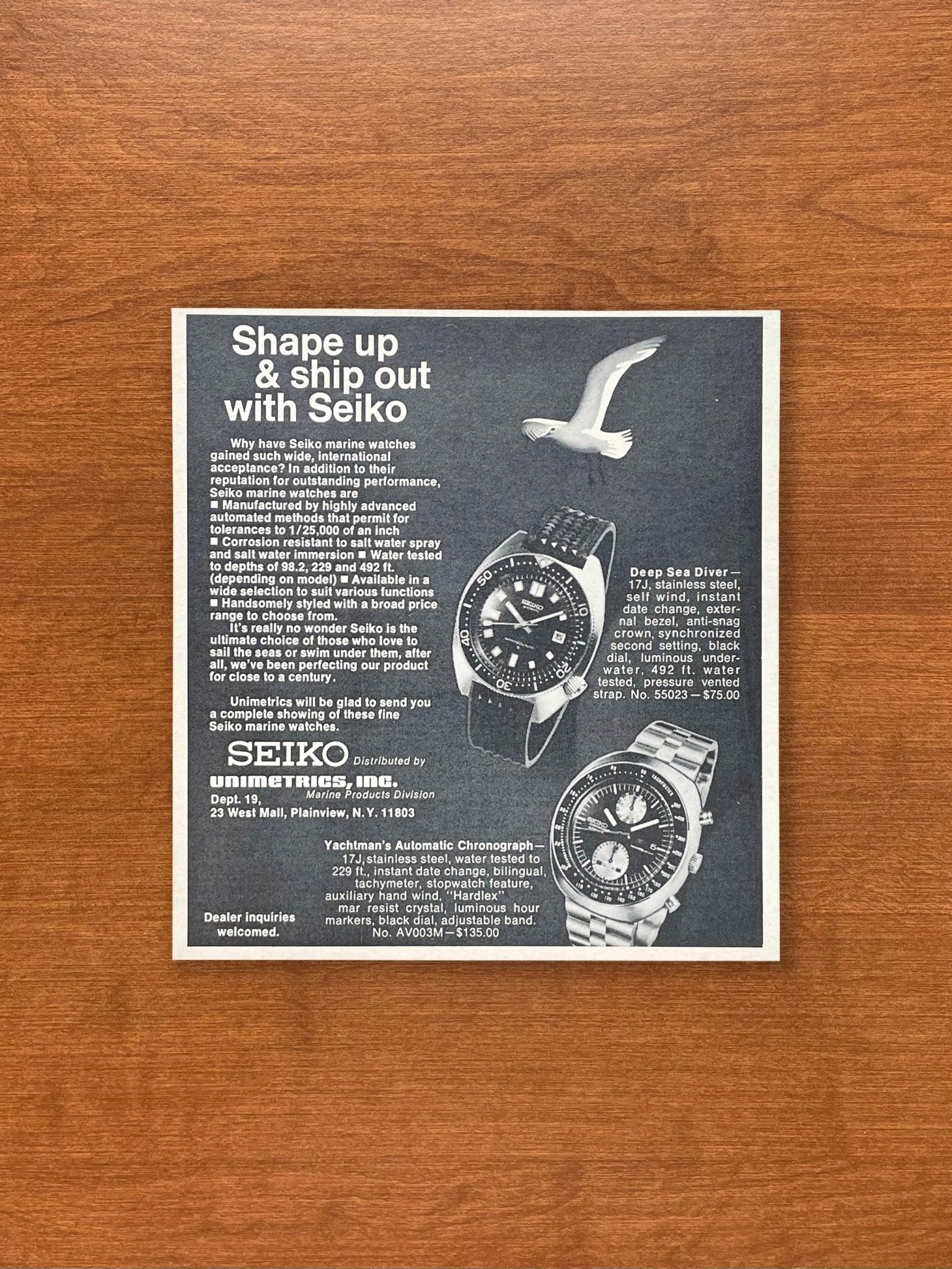 1971 Seiko diver 6105 - 8000 and 6138 Chronograph Advertisement