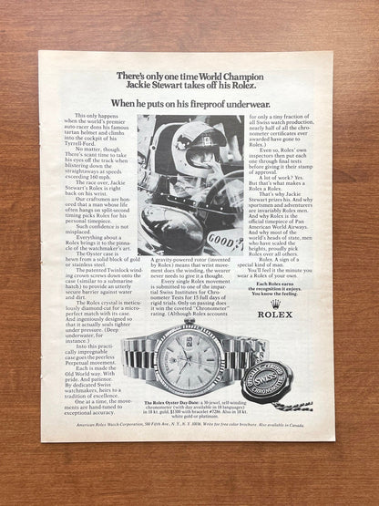 1972 Rolex Day Date Ref. 1803 feat. Jackie Stewart "fireproof underwear" Advertisement