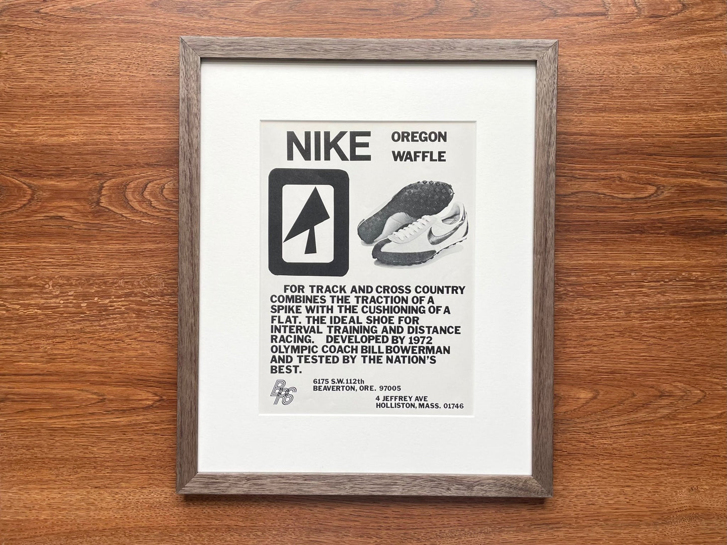 1975 Nike "Oregon Waffle" Advertisement in Grey Wood Frame