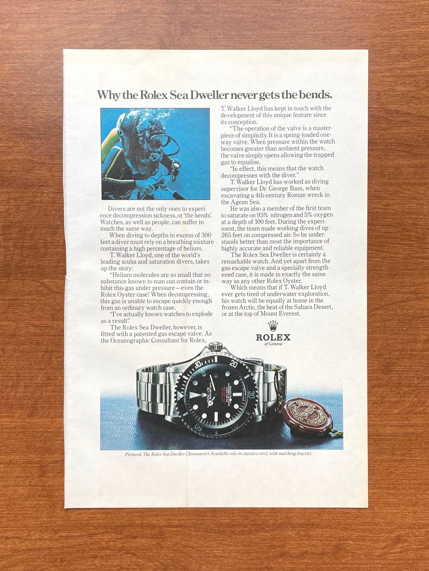 1979 Rolex Sea Dweller Ref. 1665 "never gets the bends." Advertisement