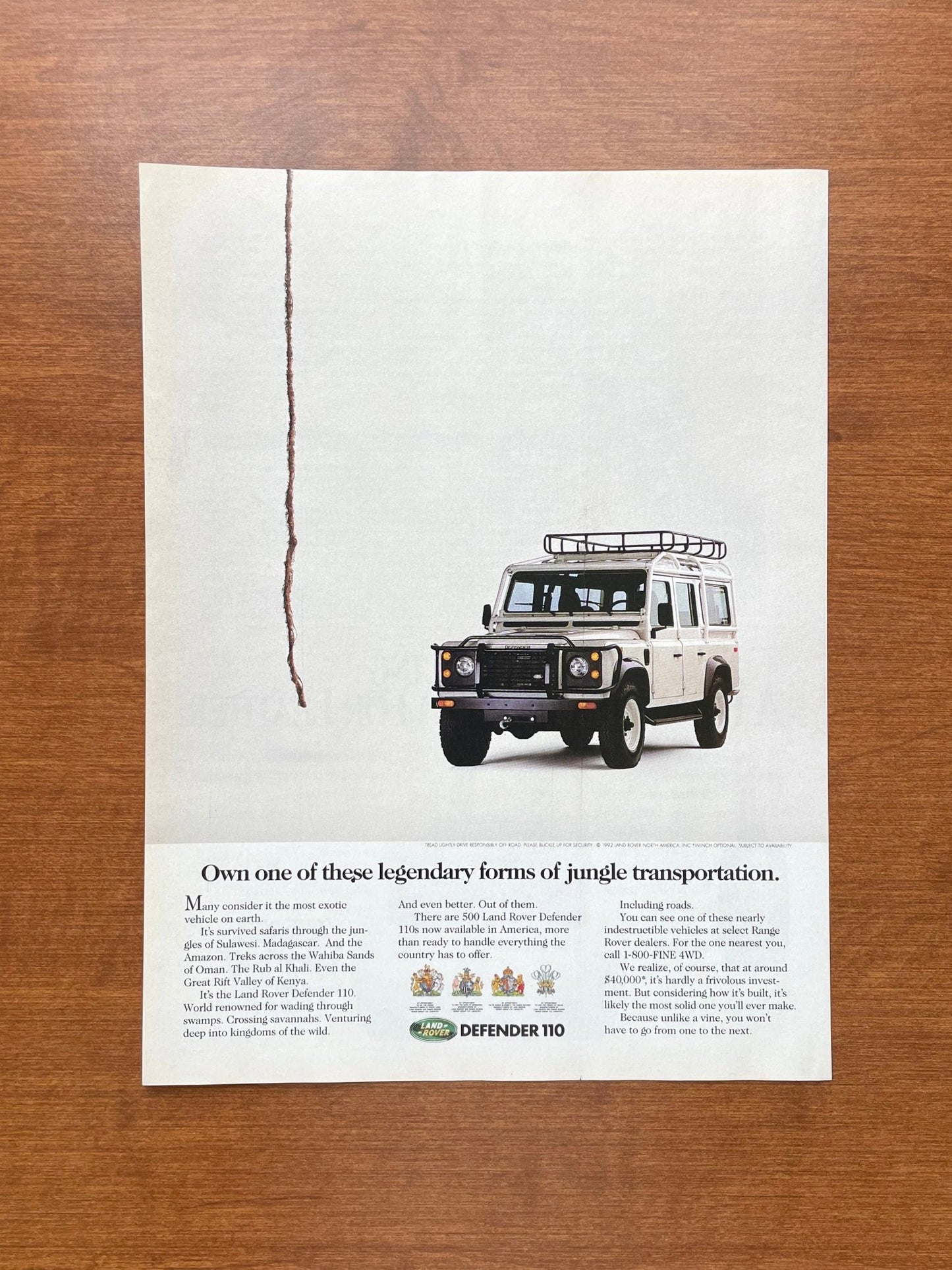 1992 Land Rover Defender 110 "jungle transportation." Advertisement