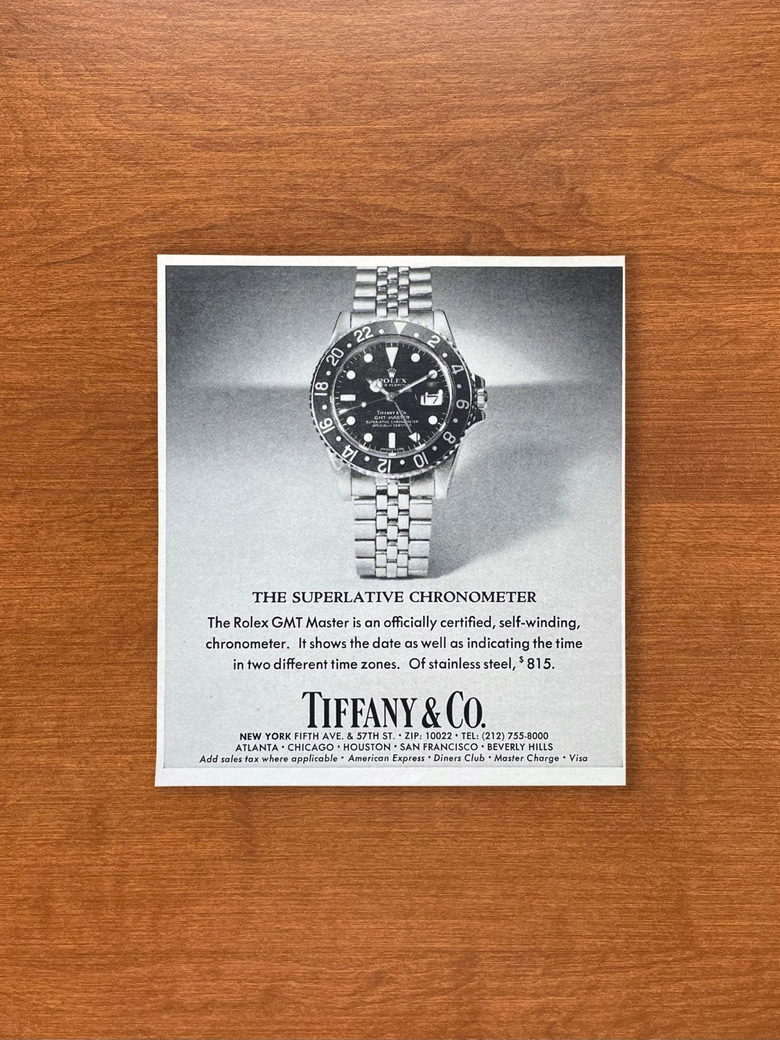 1978 Rolex GMT Master Ref. 1675 at Tiffany Co. Advertisement