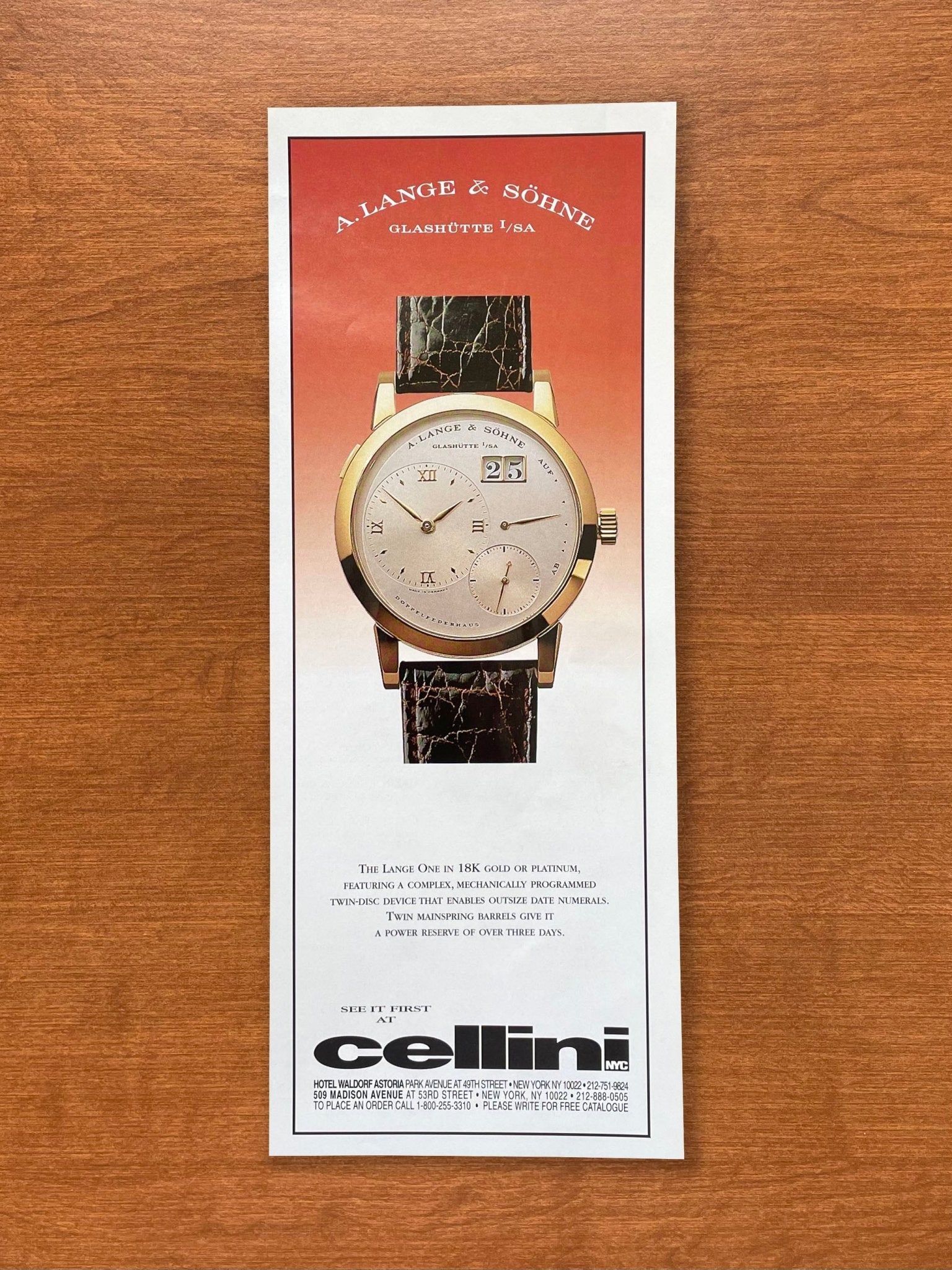 1996 A. Lange Sohne Lange 1 at Cellini Advertisement Ad Patina